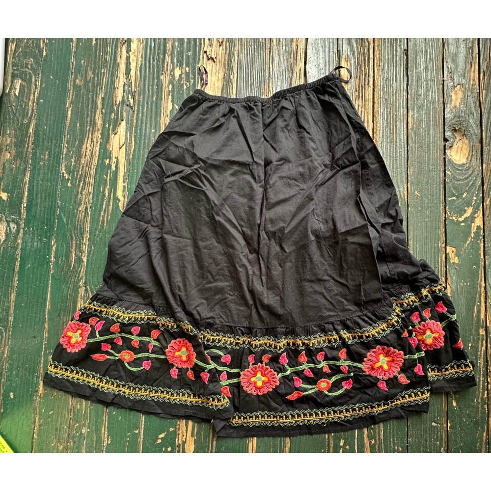 Westbound Petites Black Cotton Floral Embroidered Midi Skirt PM Boho Tiered